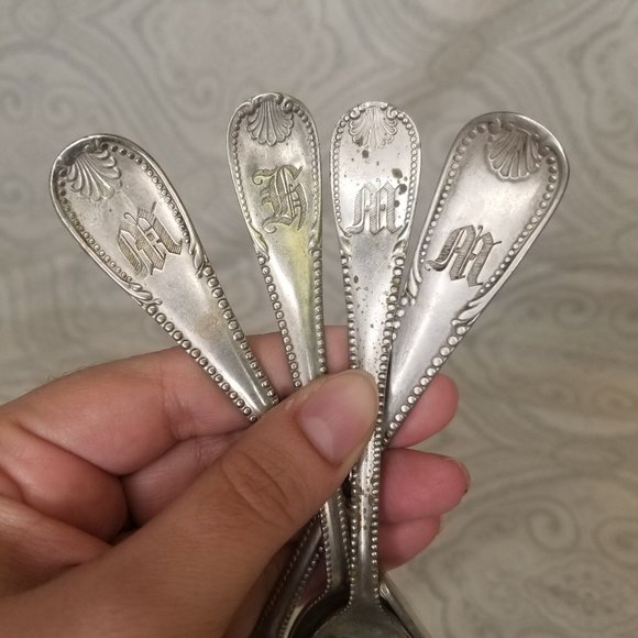 Antique Monogrammed M H Initial Brazil Silver Twisted Butter Knife Sugar Spoons - Picture 2 of 12
